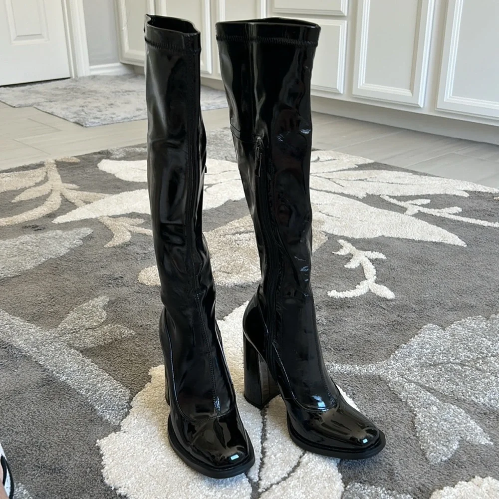 Black Knee High Block Heel Sock Boot - Picture 9 of 15